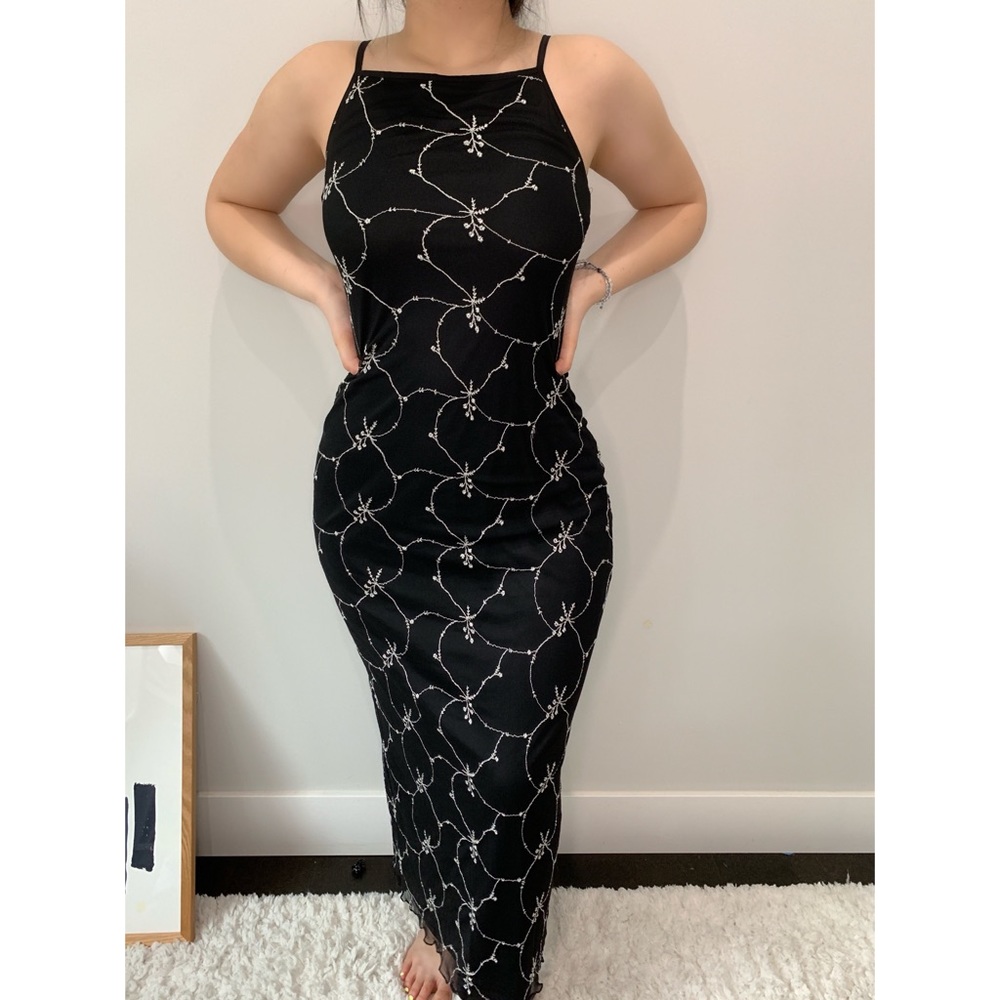 VINTAGE 90s black and white embroidered maxi dress